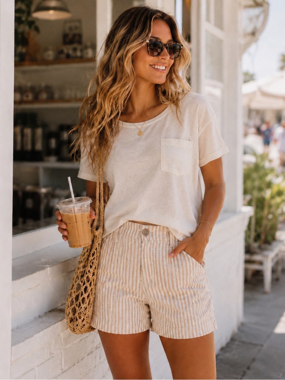 Harper Striped High-Waist Linen-Blend Shorts - Cream Beige Pinstriped Strech